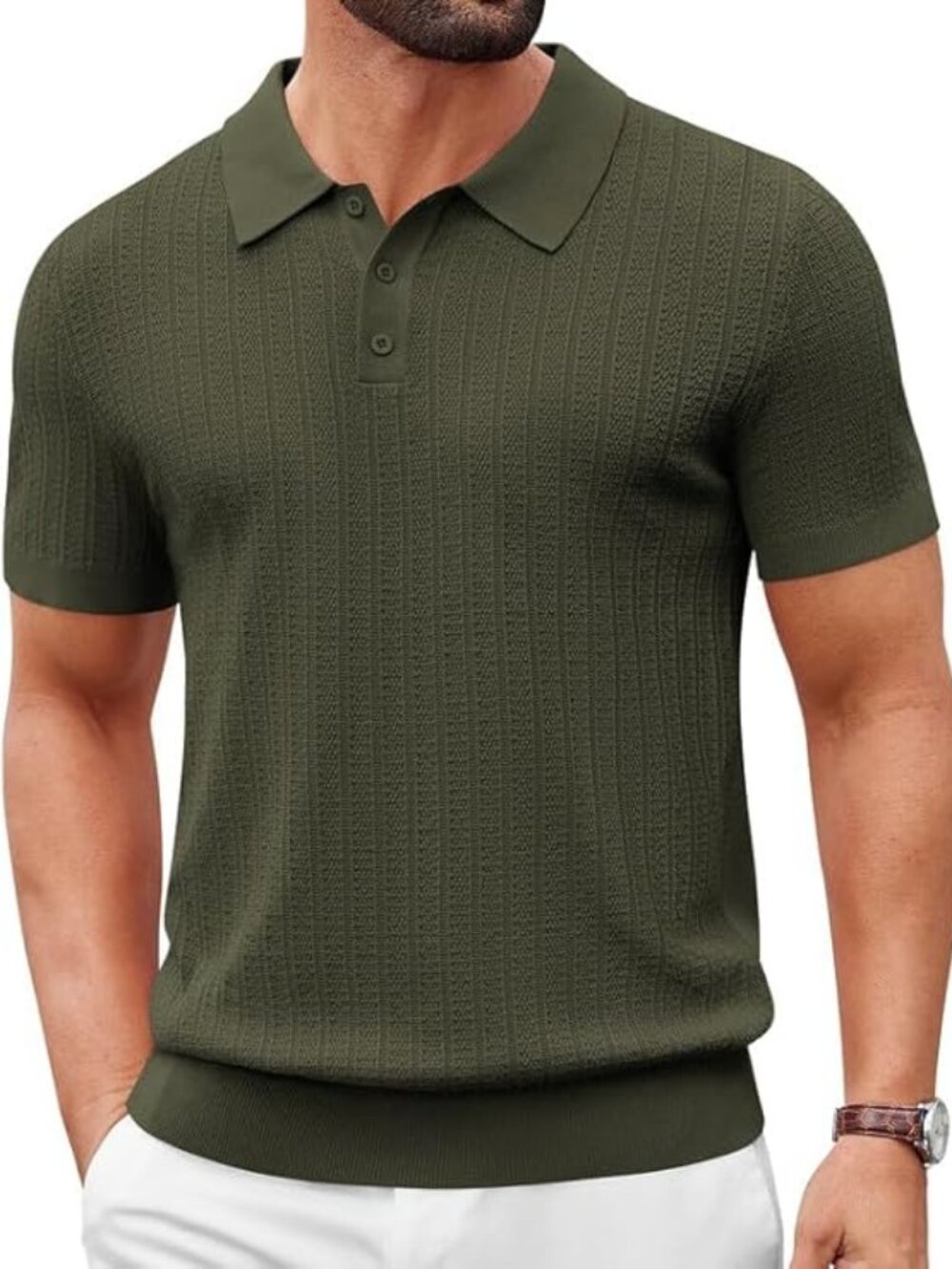 Men's Army Green Casual Knit Polo Short Sleeve Slim T-Shirts Fit Textured
